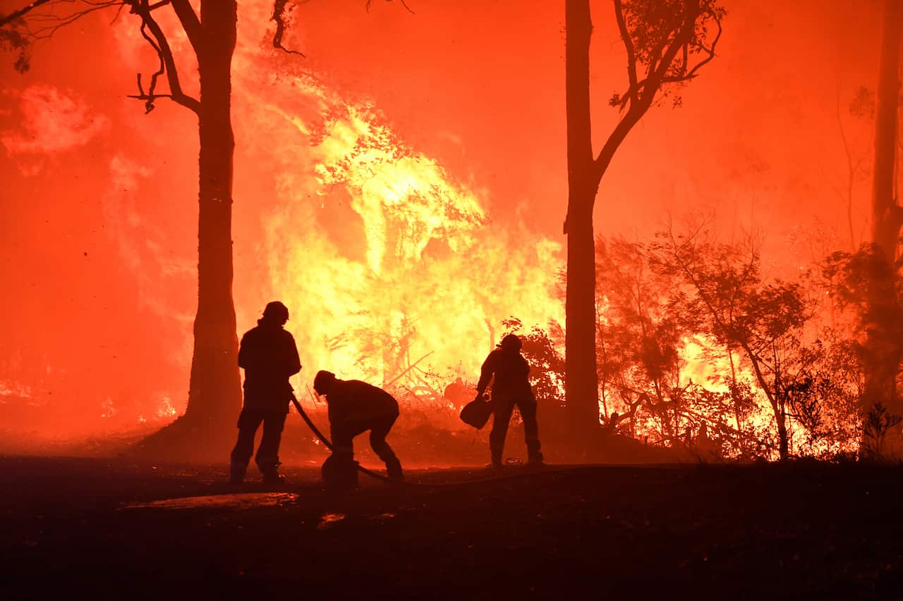 RFS volunteers and NSW Fire and Rescue officers fight a bushfire encroaching on properties near Termeil on the Princes Highway between Batemans Bay 