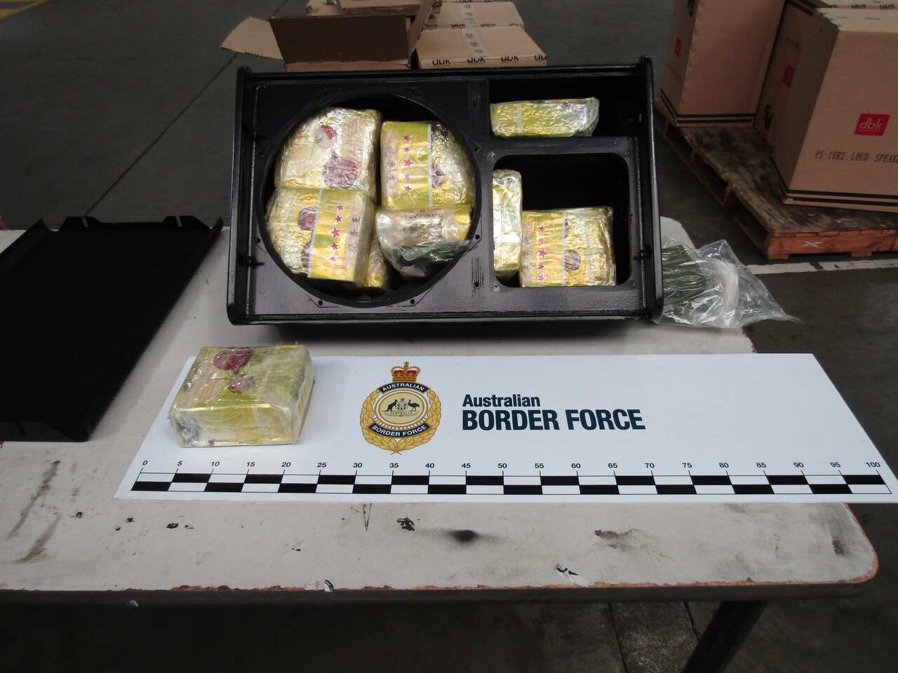 A supplied undated image shows methamphetamine hidden inside a stereo speaker that was seized by Australian Border Force