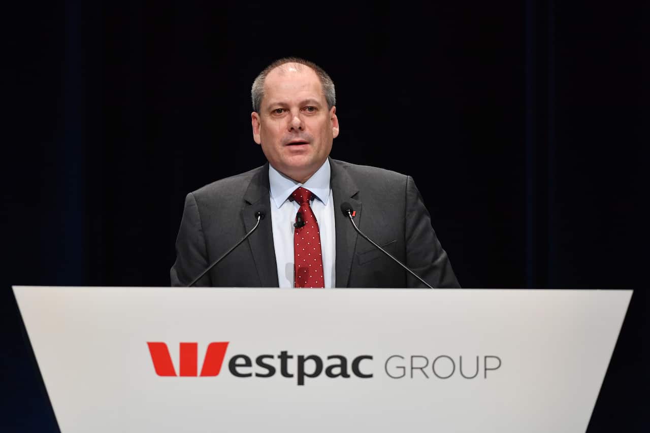 Westpac CEO Peter King speaks at the Westpac Annual General Meeting (AGM) at Darling Harbour in Sydney, Thursday, December 12, 2019. (AAP Image/Mick Tsikas) NO ARCHIVING