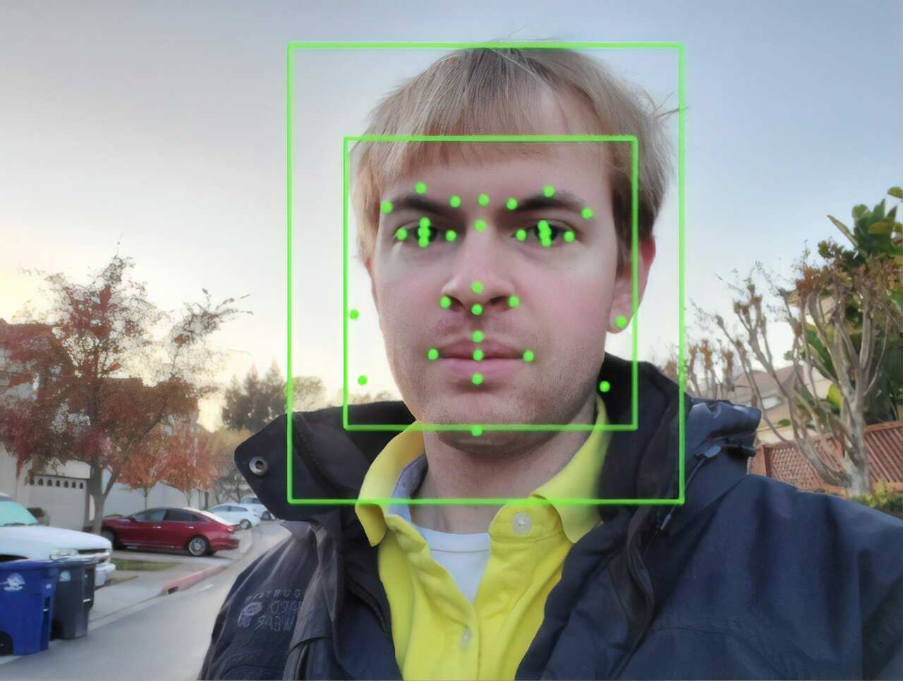 Output of an Artificial Intelligence system from Google Vision, performing Facial Recognition on a photograph of a man, with facial features identified and facial bounding boxes present, San Ramon, California, November 22, 2019. (Photo by Smith Collection