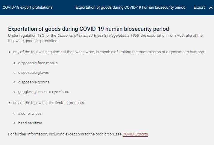 Exportation of goods during COVID-19 human biosecurity period