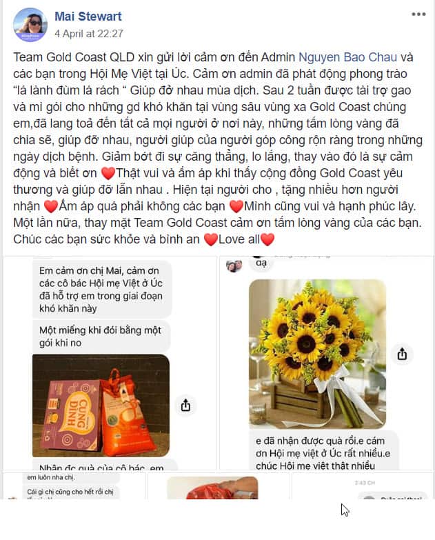 Tâm tình của một thiện nguyện viên tham gia vào nhóm vận chuyển hàng cho các mẹ Việt khó khăn ở Gold Coast.