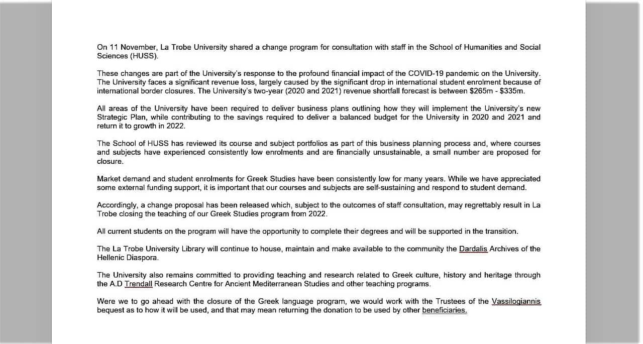 La Trobe University response to SBS Greek. 