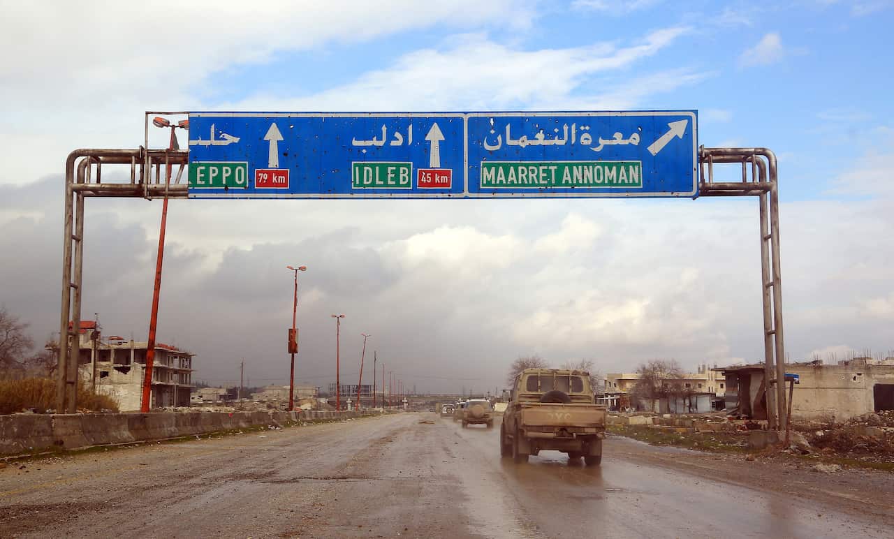 A view of entrance on the international highway leading to Maaret al-Nuaman city, in the countryside of Idlib, Syria