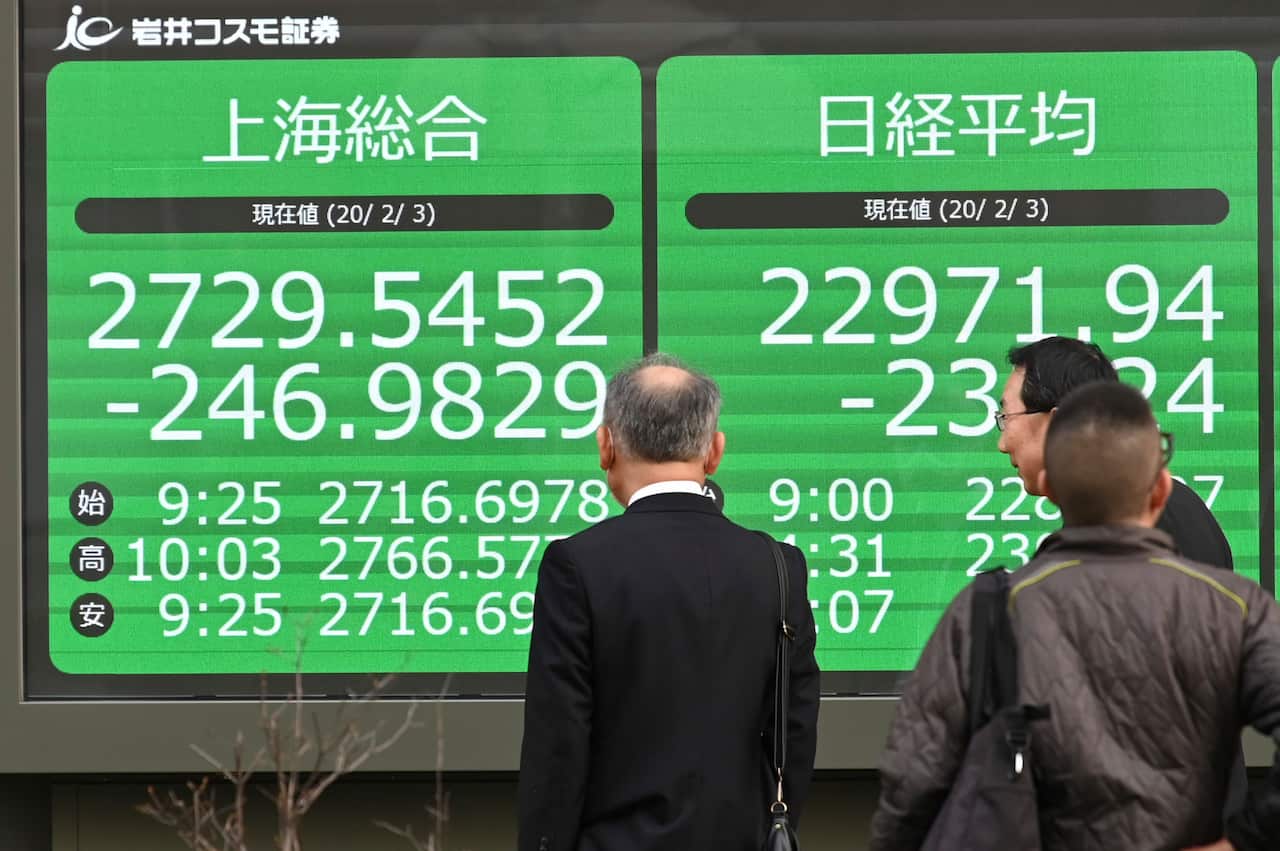 A monitor shows the Nikkei stock average rate and Shanghai Stock Exchange, SSE, falling in Tokyo on February 3, 2020 afternoon.