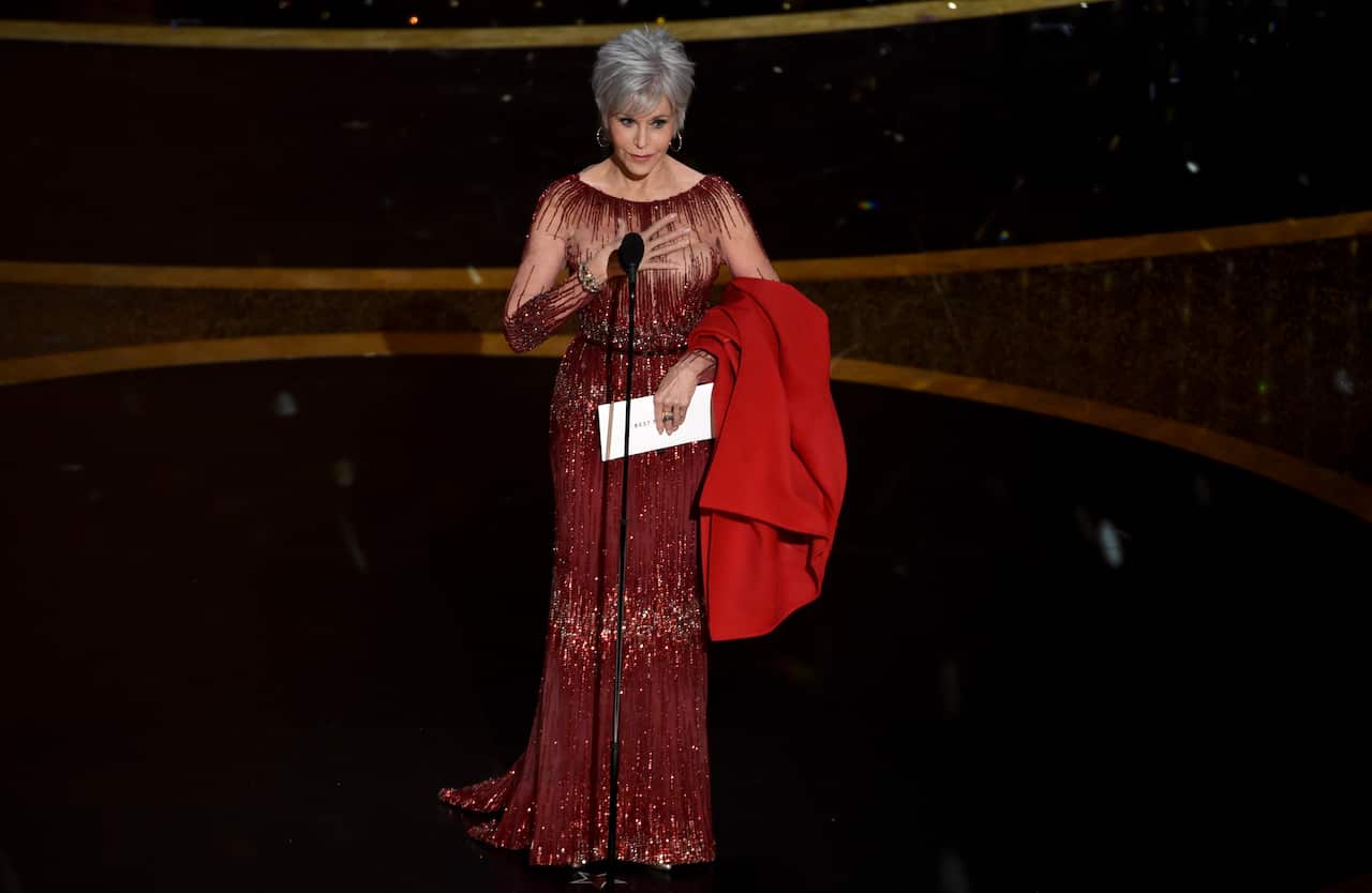 Jane Fonda presents the award for best picture at the Oscars on Sunday, Feb. 9, 2020, at the Dolby Theatre in Los Angeles. (AP Photo/Chris Pizzello)