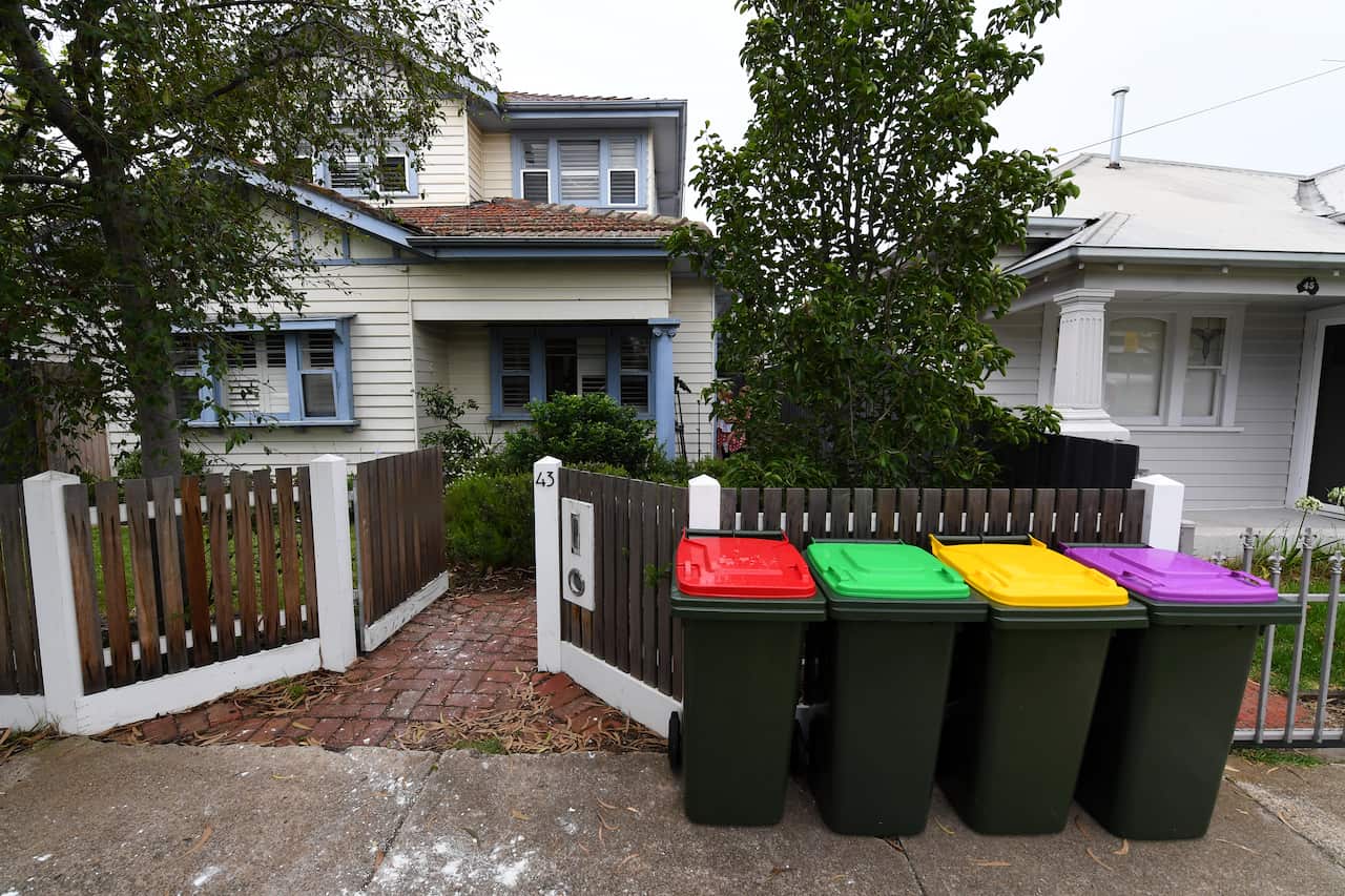 General view of the current and planned waste bins outside a property in Spotswood, Melbourne, Monday, February 24, 2020.