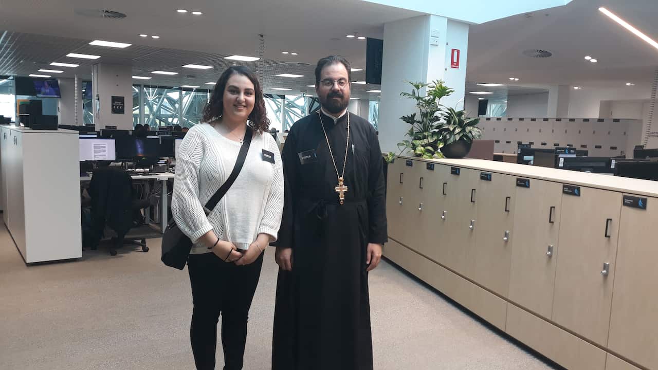 Archiepiscopal Reverend Father of Northcote, Archimandrite Evmenios Vasilopoulos, with the Youth Conference PR, Georgia Charalambous
