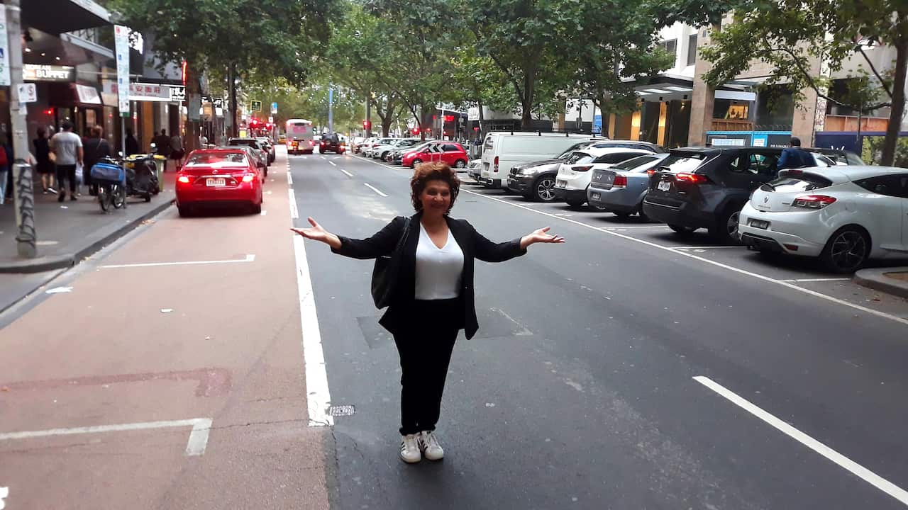 Greek performer Giota Negka in Melbourne's Lonsdale Street, where the "Antipodes" Festival takes place.