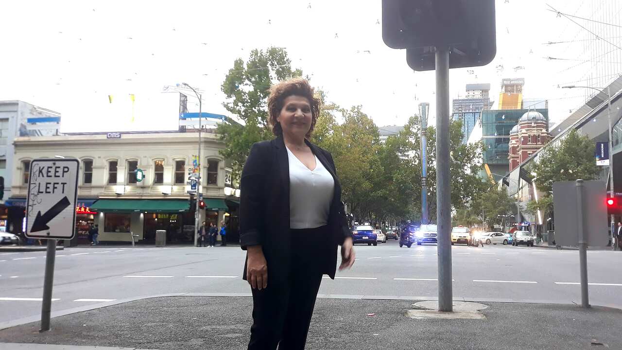 Greek performer Giota Negka in Melbourne's Lonsdale Street, where the "Antipodes" Festival takes place.