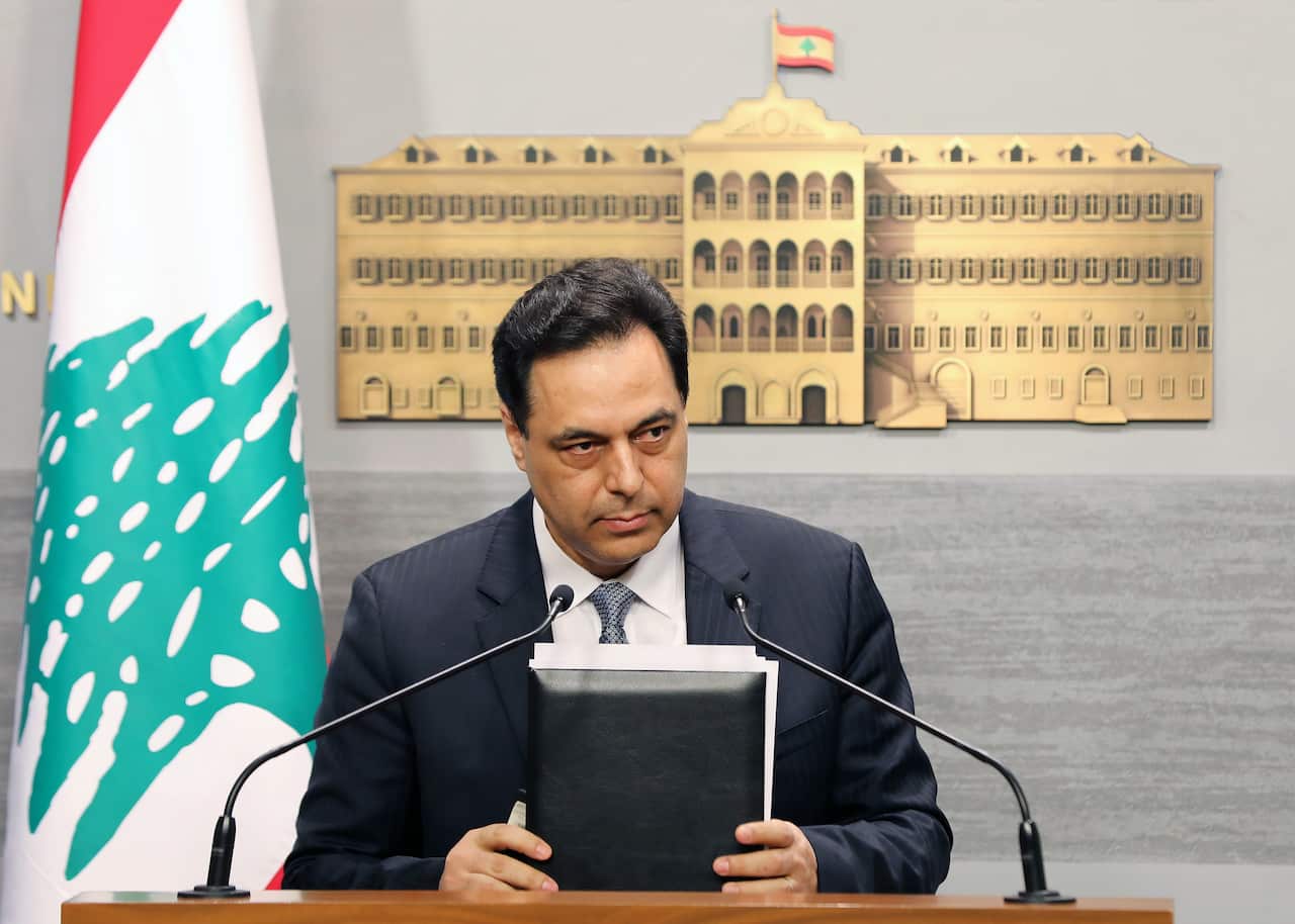 Lebanese Prime Minister Hassan Diab speaks during a news conference at the government palace in downtown Beirut, Lebanon, 07 March 2020. 