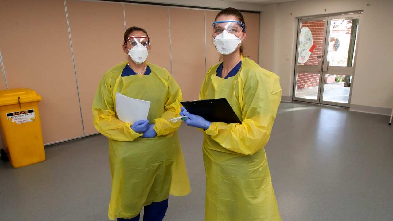 Nurses Skye Haagmans and Tamzin Ingram pose for a portrait at the new Covid-19 Clinic at the Mount Barker Hospital in Adelaide