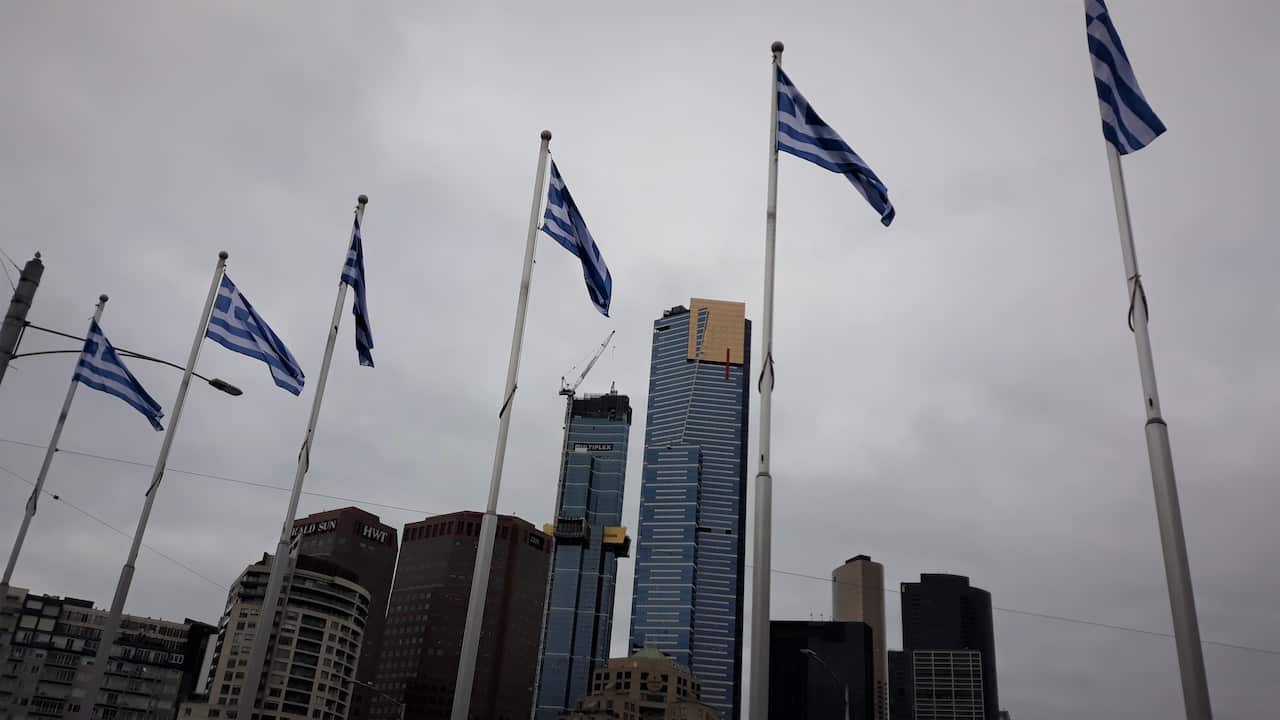 Greek flags, at Melbourne's Federation Square. 