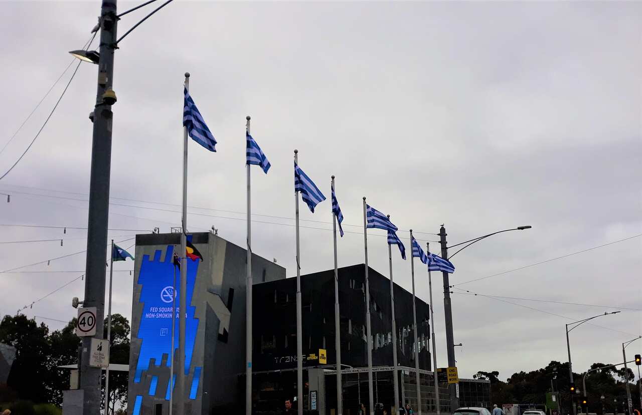 Greek flags, at Melbourne's Federation Square. 