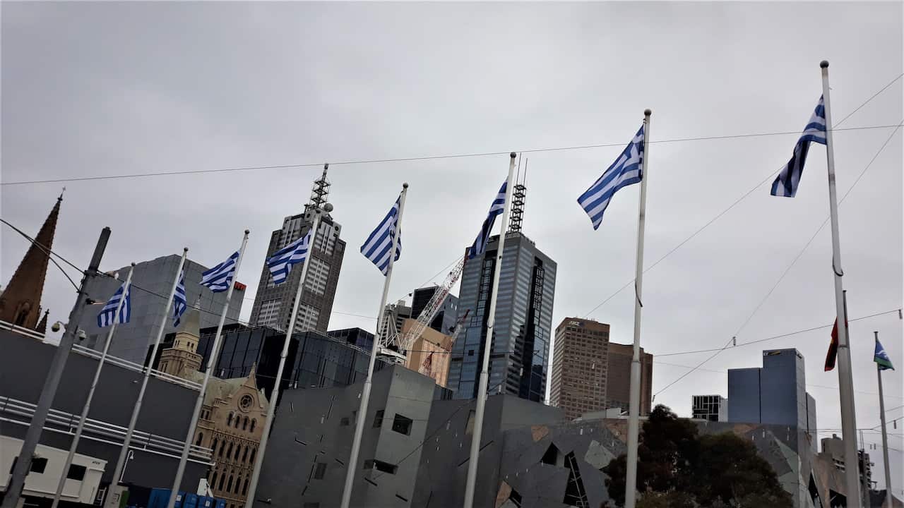 Greek flags, at Melbourne's Federation Square. 