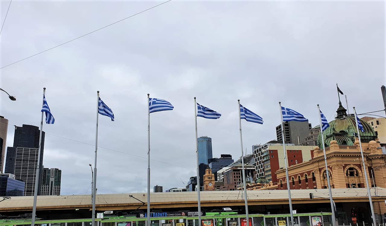 Greek flags, at Melbourne's Federation Square. 
