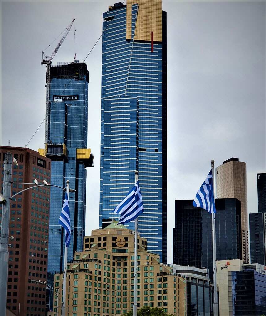 Greek flags, at Melbourne's Federation Square. 