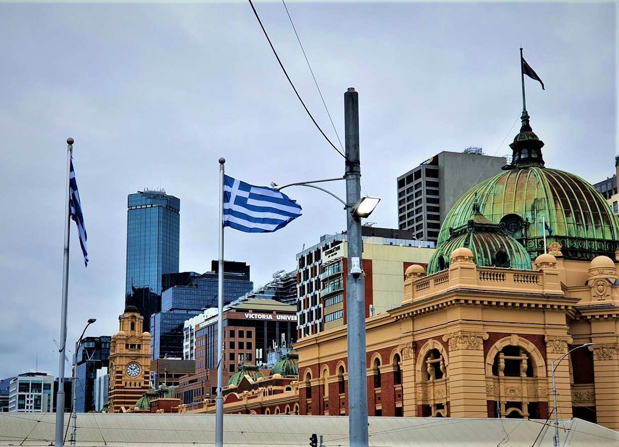 Greek flags, at Melbourne's Federation Square. 
