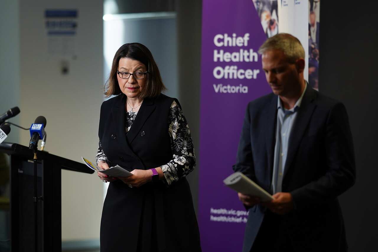 Victorian Health Minister Jenny Mikakos and Victorian Chief Health Officer Prof Brett Sutton speak to the media in Melbourne, Thursday, March 26, 2020. 