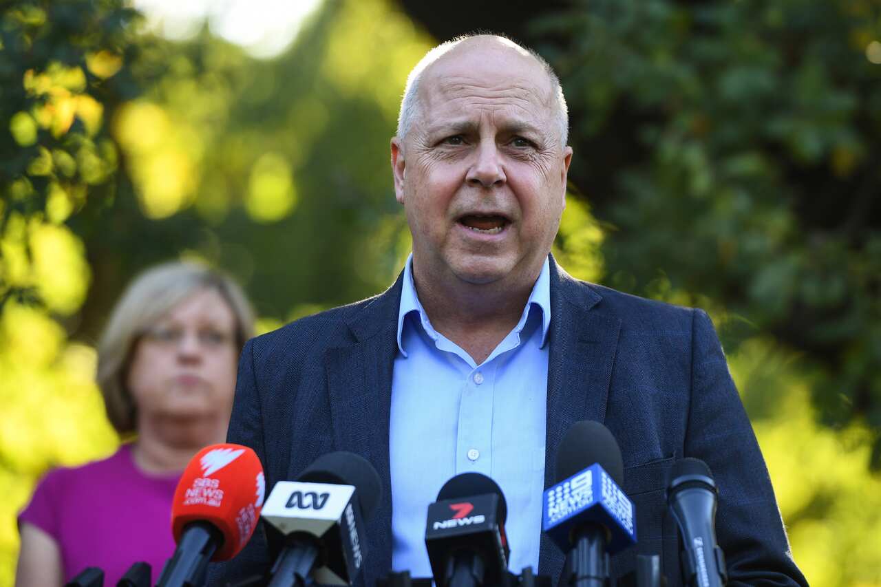 Victorian Treasurer Tim Pallas speaks to the media during a press conference at Parliament House in Melbourne, Saturday, March 28, 2020. (AAP Image/Erik Anderson) NO ARCHIVING