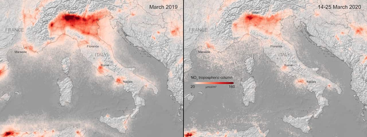 Data from the Copernicus Sentinel-5P satellite of the average nitrogen dioxide concentrations over Italy from March 2020 (R), compared to March 2019.