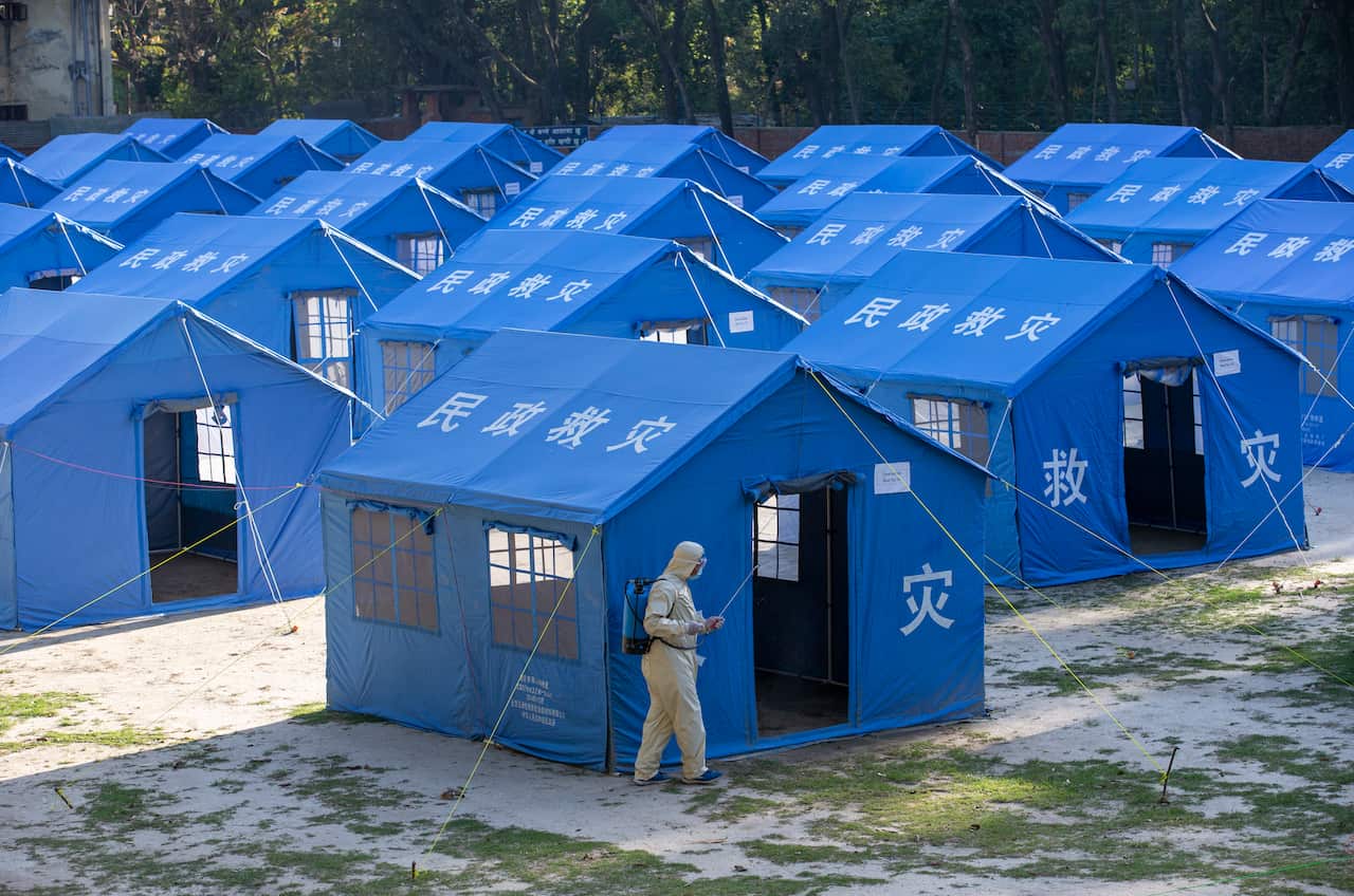 Quarantine zone at Nepal police hospital in Kathmandu, Nepal, 29 March 2020. Nepal police had prepared 45 quarantine tent.