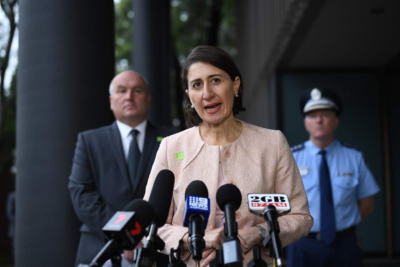 NSW Premier Gladys Berejiklian speaks to the media during a press conference 