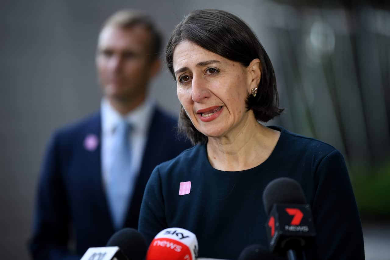 NSW Premier Gladys Berejiklian speaks to the media during a press conference outside the RFS Headquarters in Sydney, Thursday, April 2, 2020. (AAP Image/Joel Carrett) NO ARCHIVING