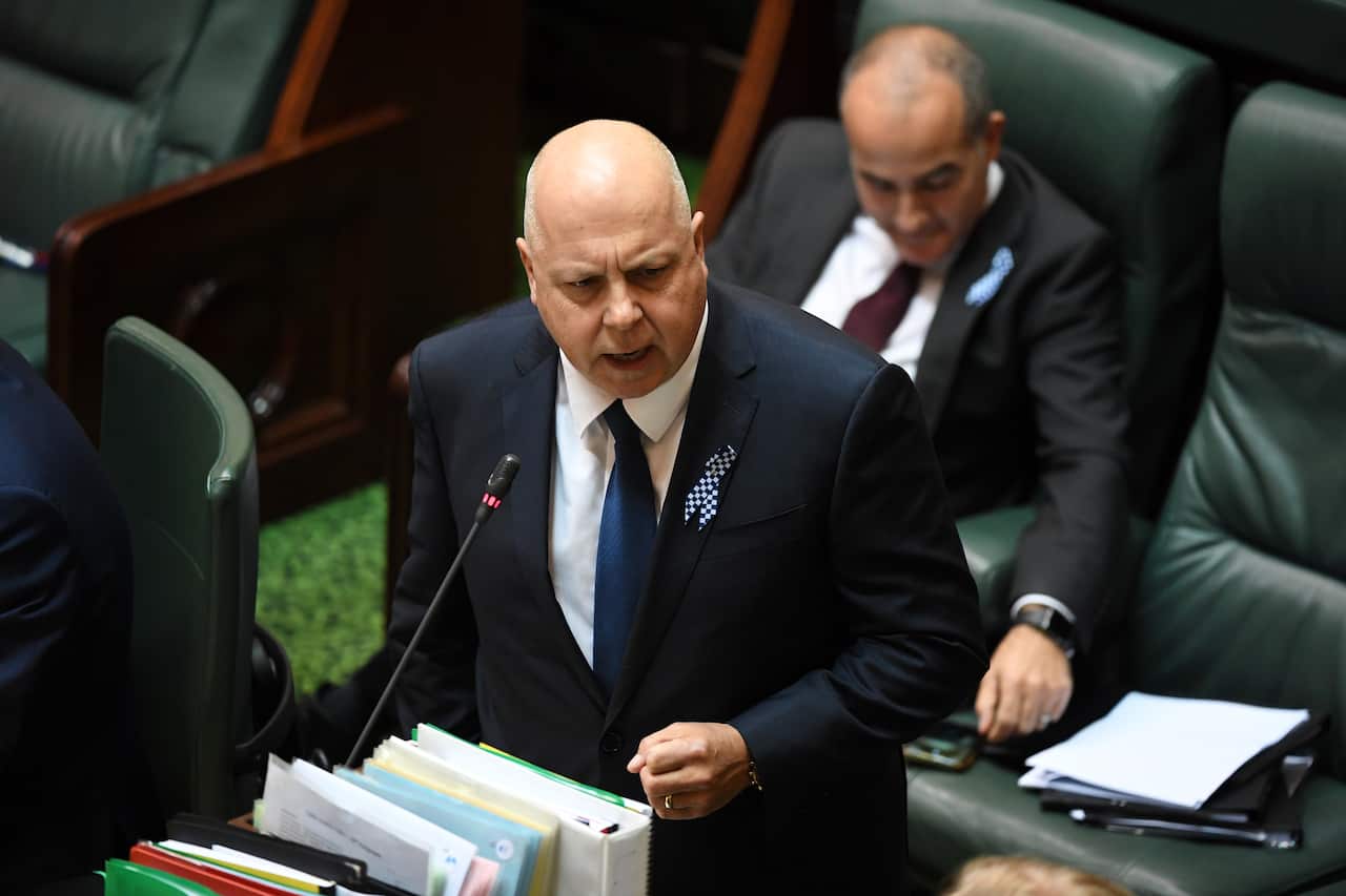 Victorian Treasurer Tim Pallas speaks during question time in the Legislative Council at the Parliament of Victoria at Parliament House in Melbourne, Thursday, April 23, 2020. (AAP Image/James Ross) NO ARCHIVINGe