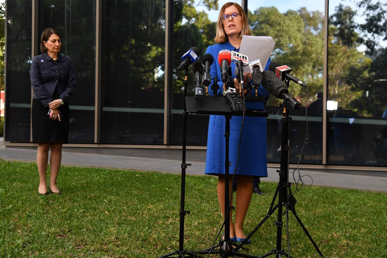 NSW Chief Medical Officer Dr. Kerry Chant provides an update on the COVID-19 situation to the media during a press conference in Sydney, Monday, April 27, 2020. (AAP Image/Dean Lewins) NO ARCHIVING