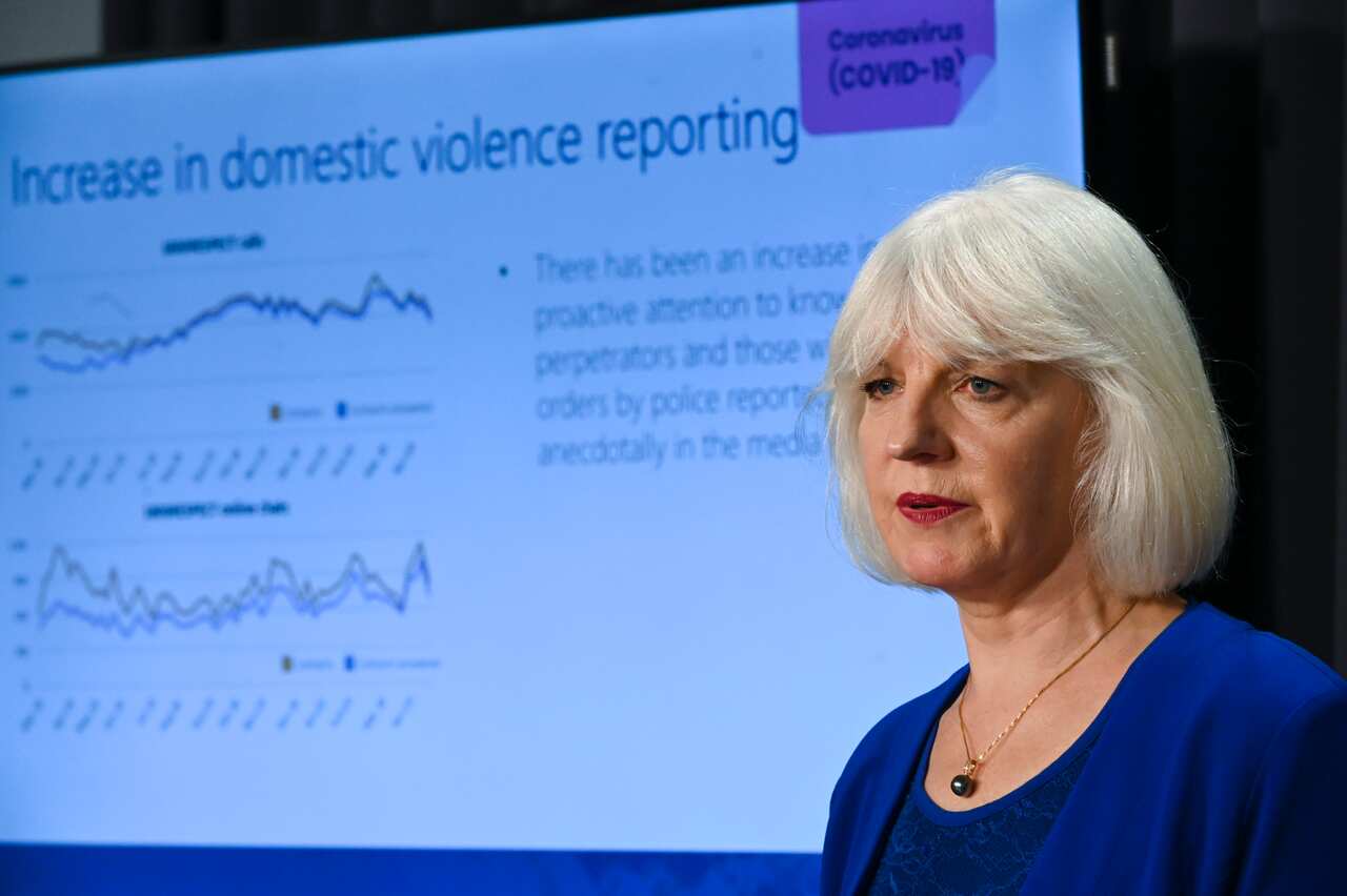 CEO of the National Mental Health Commission Christine Morgan speaks to the media during a press conference at Parliament House in Canberra, Wednesday, April 29, 2020. (AAP Image/Lukas Coch/Pool)