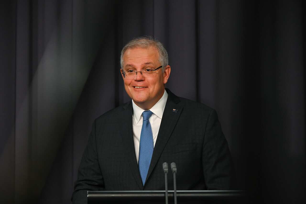 Australian Prime Minister Scott Morrison speaks to the media during a press conference at Parliament House in Canberra, Wednesday, April 29, 2020. (AAP Image/Lukas Coch/Pool)