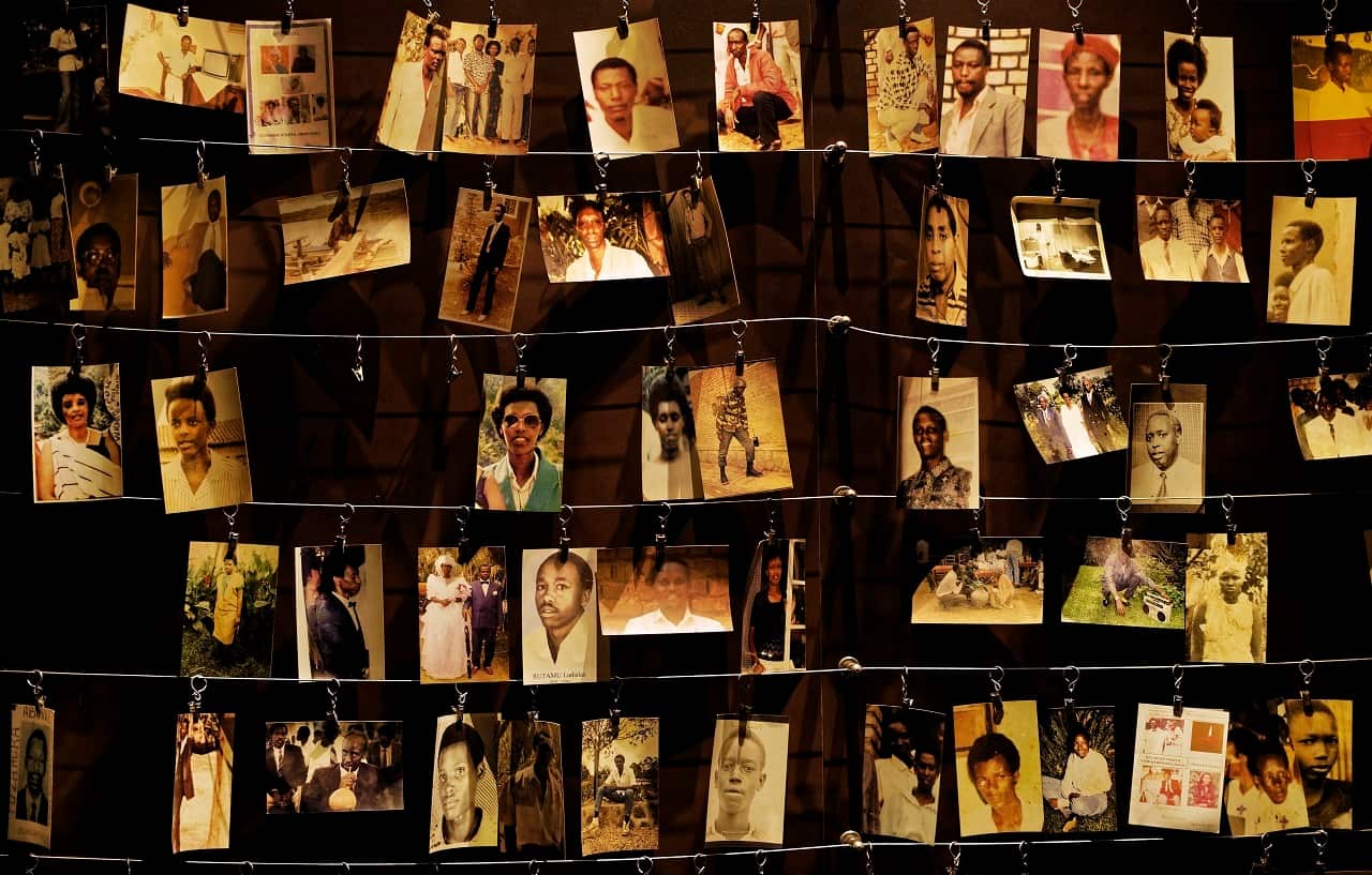 Family photographs of some of those who died hang on display in an exhibition at the Kigali Genocide Memorial centre in the capital Kigali, Rwanda.