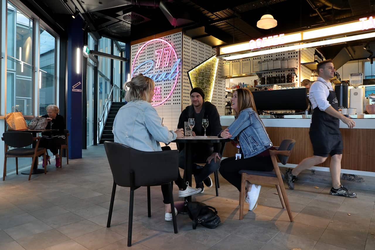 Cafe goers at socially distanced tables in Perth, Monday, May 18, 2020.