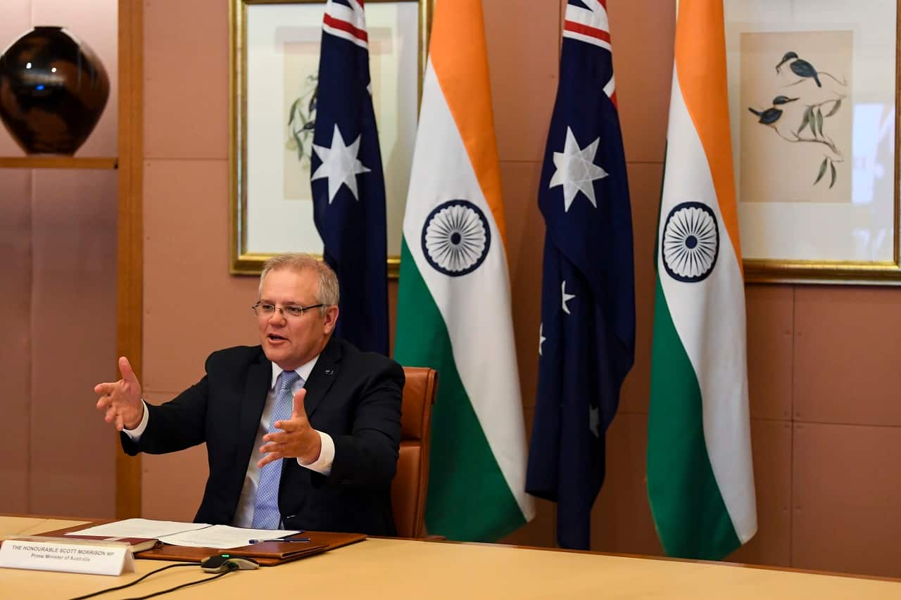 Australian Prime Minister Scott Morrison speaks to Indian Prime Minister Narendra Modi during the 2020 Virtual Leaders Summit between Australia and India at Parliament House in Canberra, Thursday, June 4, 2020. (AAP Image/Lukas Coch) NO ARCHIVING