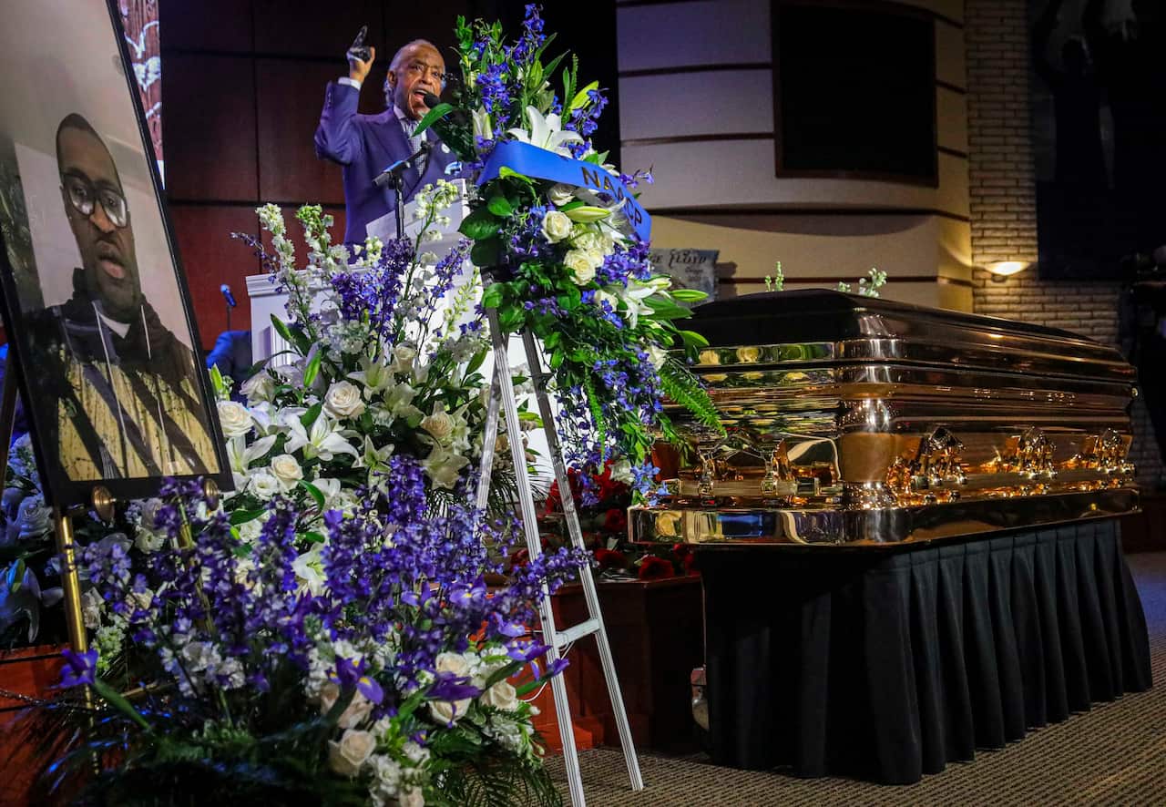Civil rights activist Rev. Al Sharpton delivers the eulogy at the funeral of George Floyd at North Central University, Thursday, June 4, 2020, in Minneapolis. Floyd died on May 25 as a Minneapolis police officer pressed his knee into his neck, ignoring hi