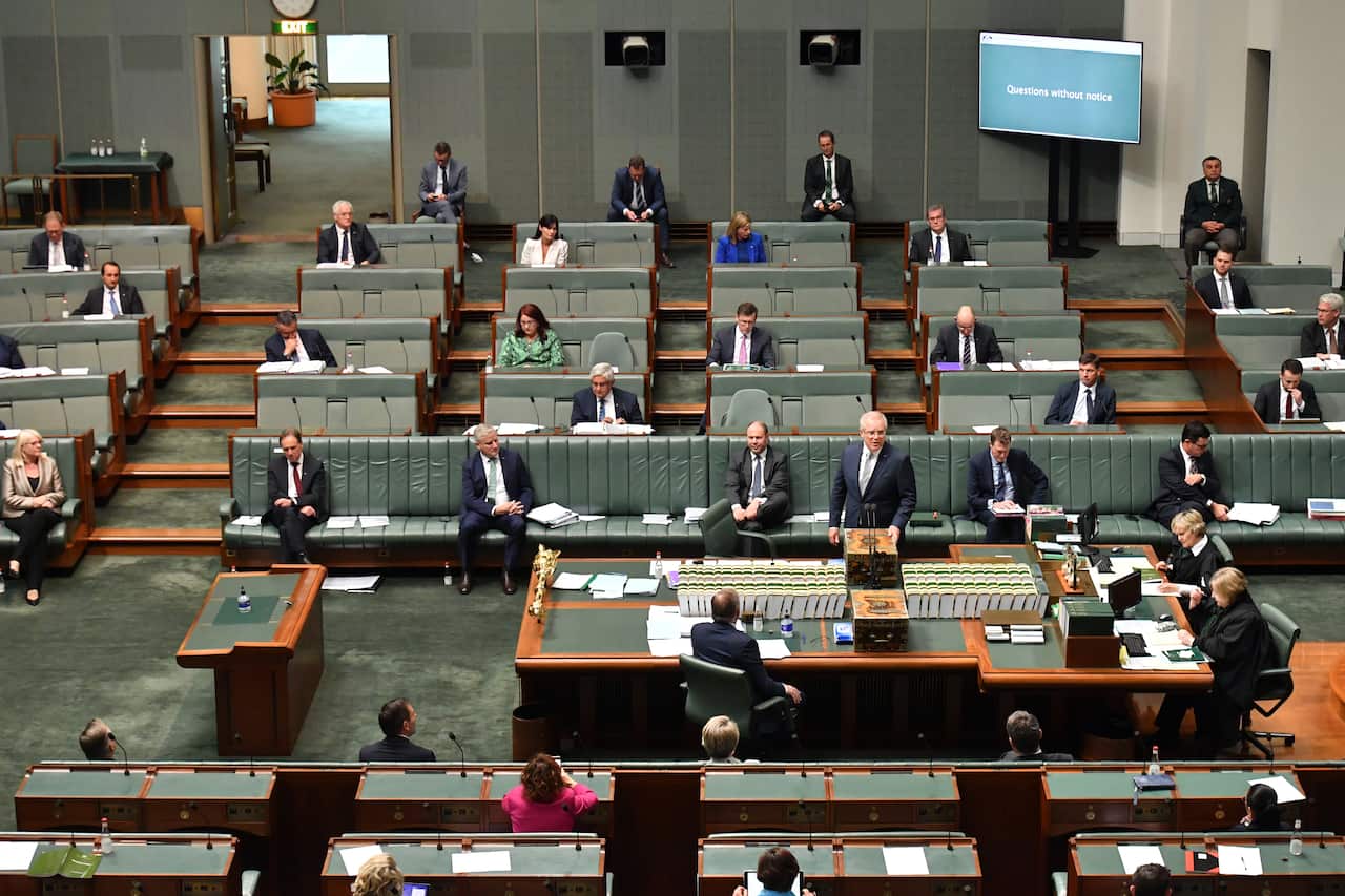 Prime Minister Scott Morrison during Question Time in the House of Representatives at Parliament House in Canberra, Wednesday, June 10, 2020. (AAP Image/Mick Tsikas) NO ARCHIVING