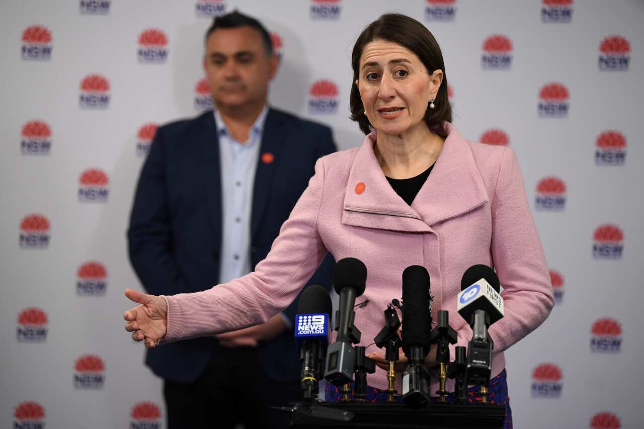 NSW Premier Gladys Berejiklian speaks to the media during a press conference in Sydney, Sunday, June 14, 2020. (AAP Image/Joel Carrett) NO ARCHIVING