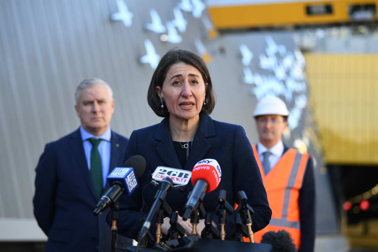 NSW Premier Gladys Berejiklian speaks to the media during a tour of the NorthConnex tunnel at West Pennant Hills in Sydney, Monday, June 22, 2020. (AAP Image/Joel Carrett)