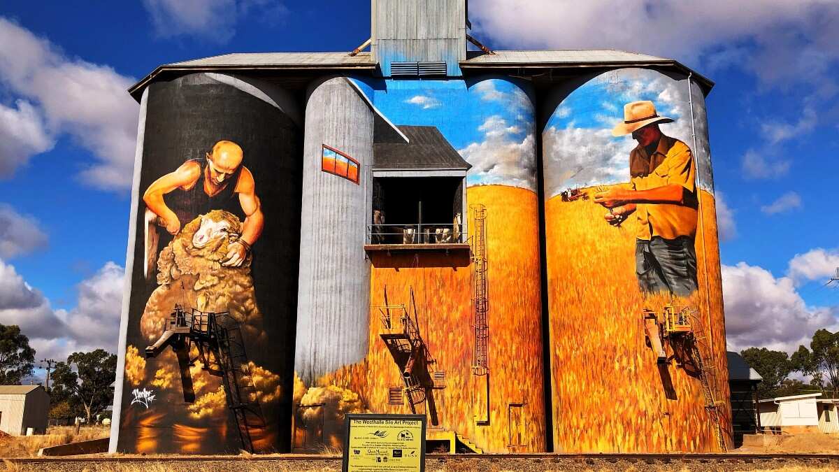 Weethalle Silo Art - New South Wales. The Weethalle silos were painted by renowned Melbourne based artist Heesco Khosnaran.