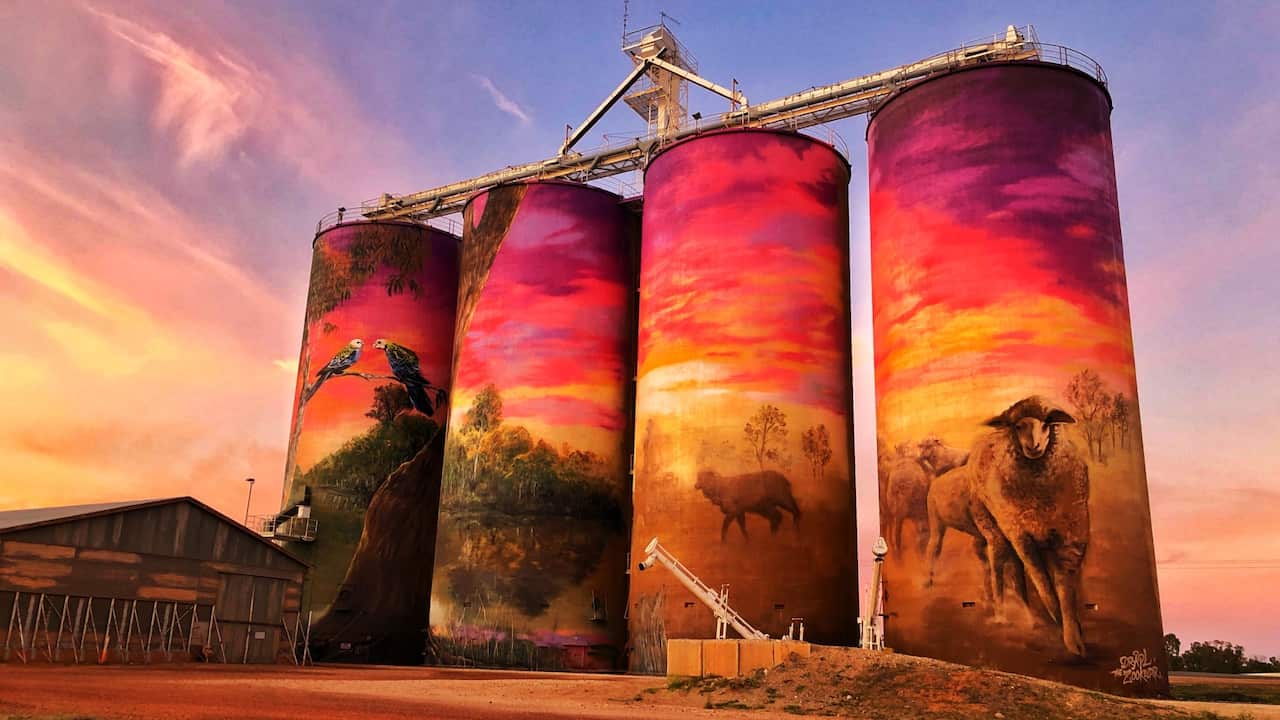 GrainCorp Silos at Thallon - Queensland. Titled ‘The Watering Hole’ the mural portrays the Thallon district and its surrounding area to perfection.