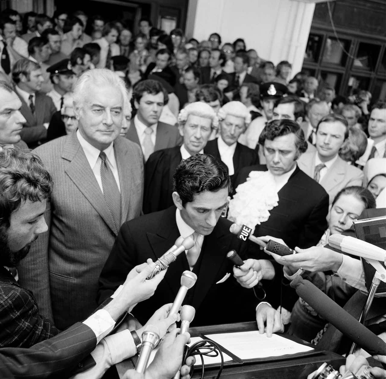Demonstration against the Dissolution of Parliament by Sir John Kerr and support for Mr Gough Whitlam at Parliament House, 1975. 