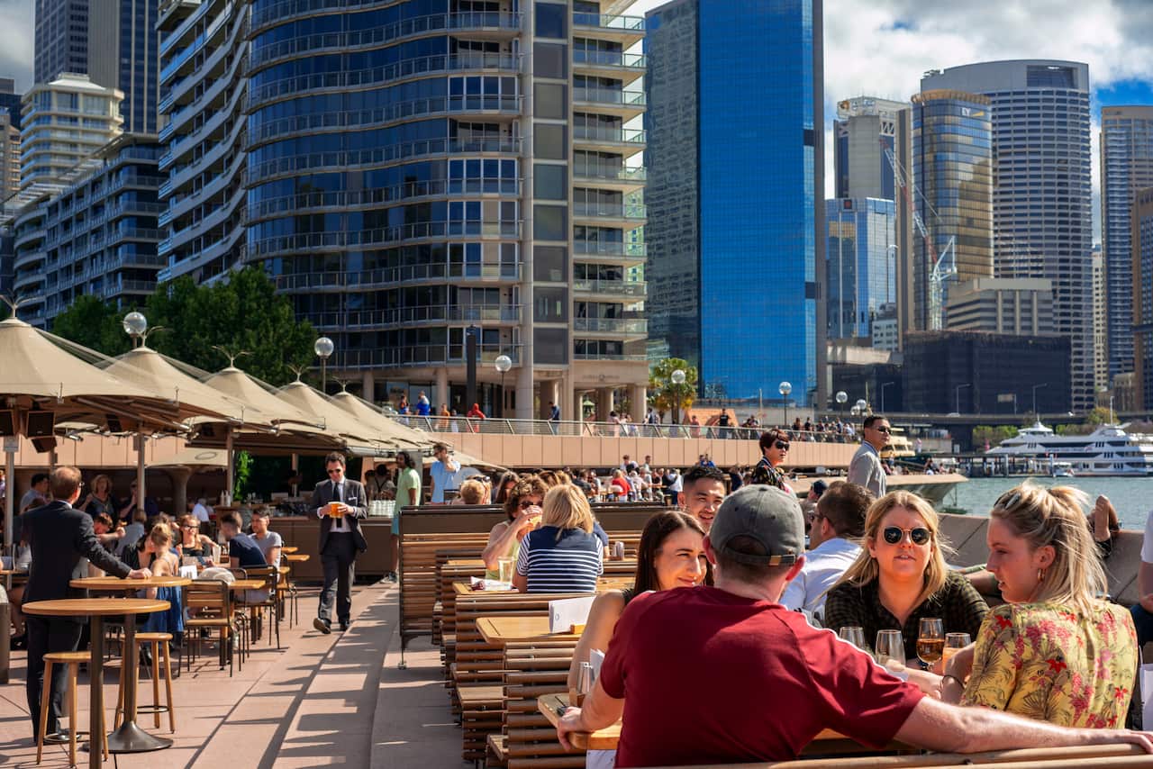 Bars and restaurants in the promenade Circular Quay next to the Opera House in Sydney, Australia (Photo by Sergi Reboredo/Sipa USA)