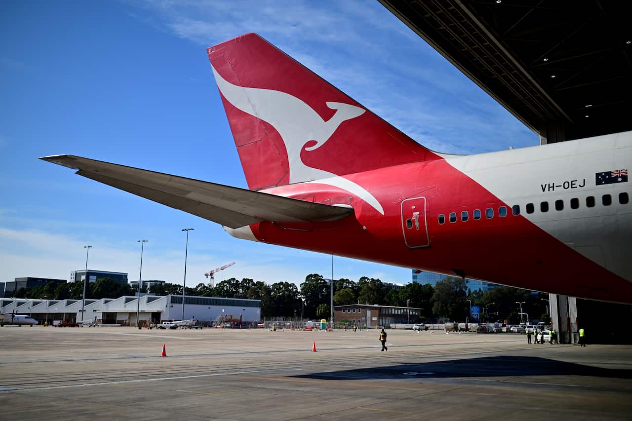 Qantas Airways flight QF7474 seen in Hanger 96 as it prepares for take off during an official farewell event for the Qantas 747 fleet at Sydney Airport in Sydney, Wednesday, July 22, 2020. (AAP Image/Joel Carrett) NO ARCHIVING