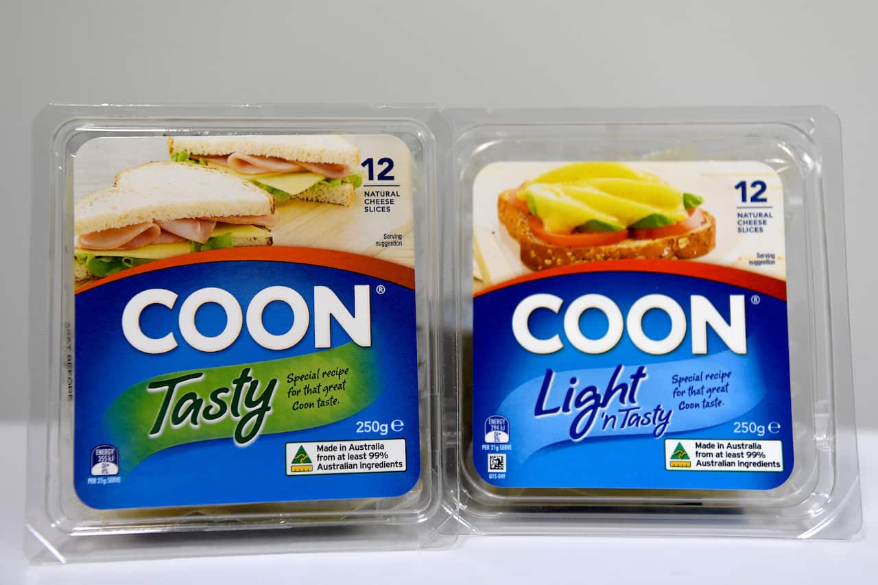 Packets of Coon cheese are photographed in Sydney, Friday, July 24, 2020. Coon cheese's name will be changed after a campaign by activists who said it had racist connotations. (AAP Image/Bianca De Marchi) NO ARCHIVING