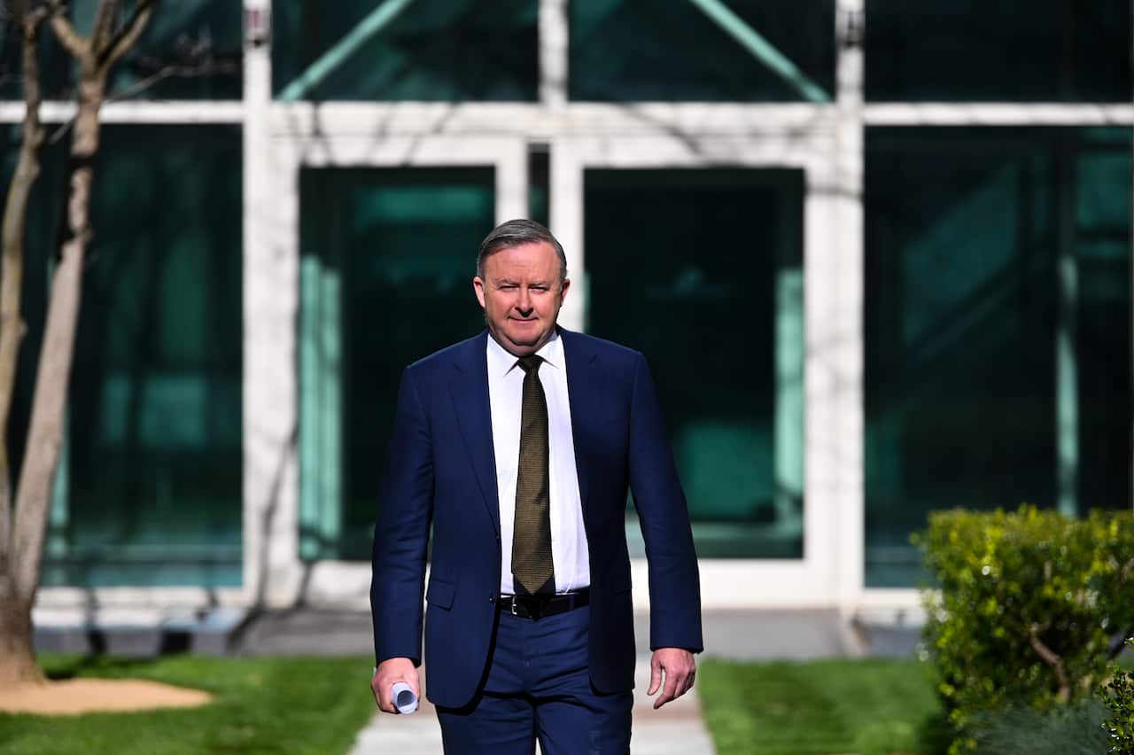 Australian Opposition Leader Anthony Albanese arrives for a press conference at Parliament House in Canberra, Tuesday, August 4, 2020. (AAP Image/Lukas Coch) NO ARCHIVING