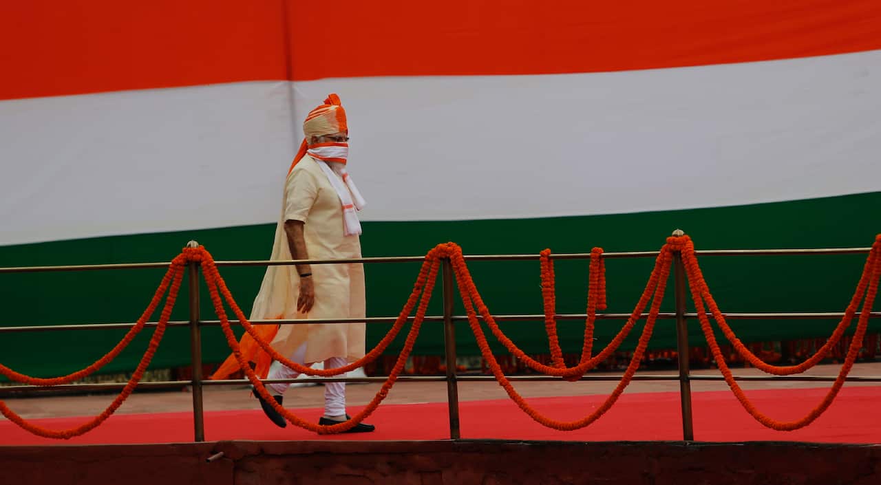 Narendra Modi arrives at the historic Red Fort monument to deliver his speech to the nation on Independence Day in New Delhi, India, Saturday, Aug. 15, 2020.