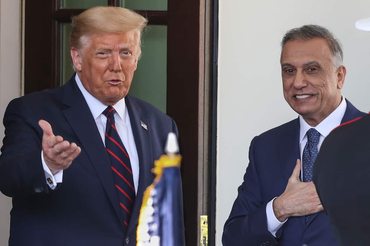 President Donald Trump welcomes Iraqi Prime Minister Mustafa al-Kadhimi to the White House on Thursday, August 20, 2020 in Washington, DC.(Photo by Oliver Contreras/SIPA USA)