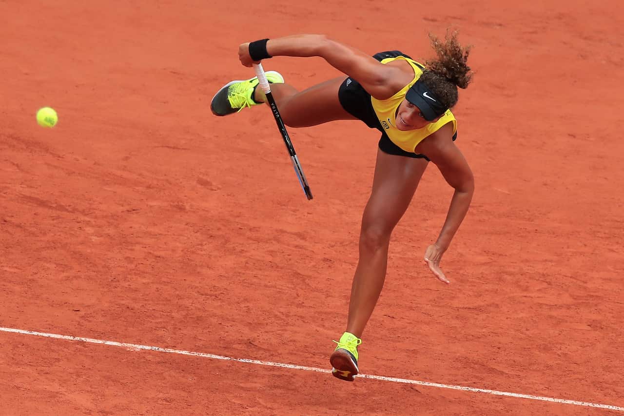 Egypt's Mayar Sherif serves against Karolina Pliskova of the Czech Republic in the first round match of the French Open tennis tournament at the Roland Garros stadium in Paris, France, Tuesday, Sept. 29, 2020. (AP Photo/Michel Euler)