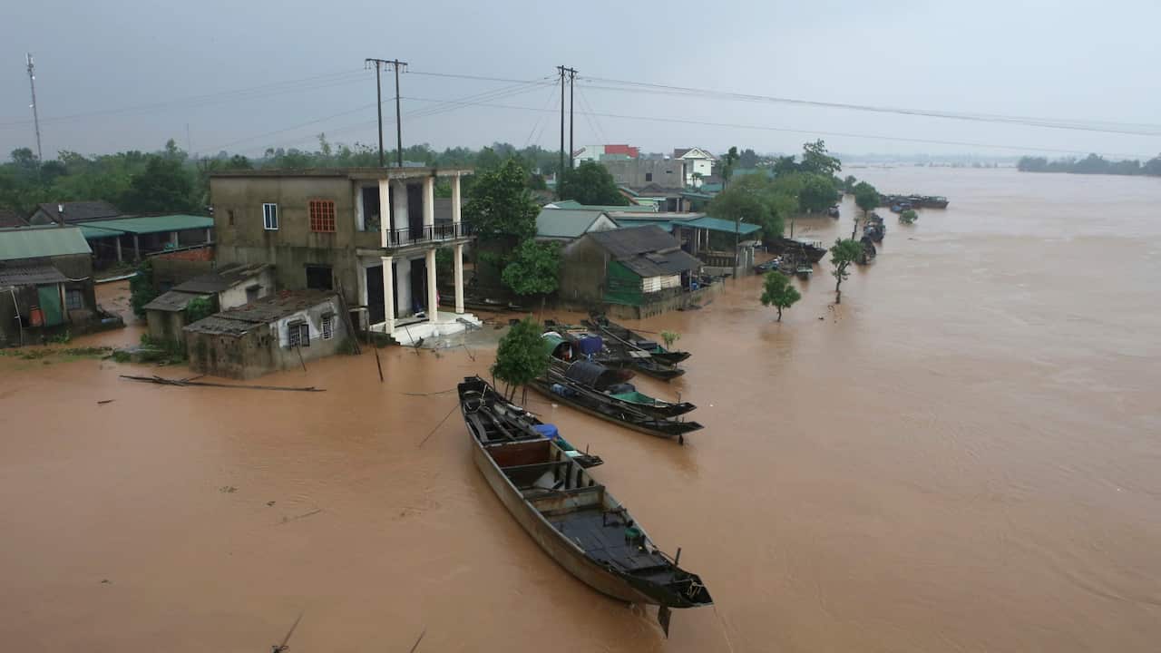 This aerial view shows a flooded village in Quang Tri province, Vietnam.